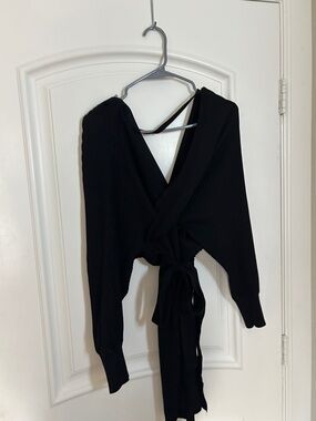 Black Ribbed Wrap Sweater Dress
